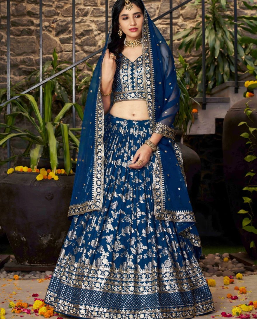 BLUE - Blue Jacquard Lehenga Choli with Embroidered, Jacquard, Sequins and Zari Work