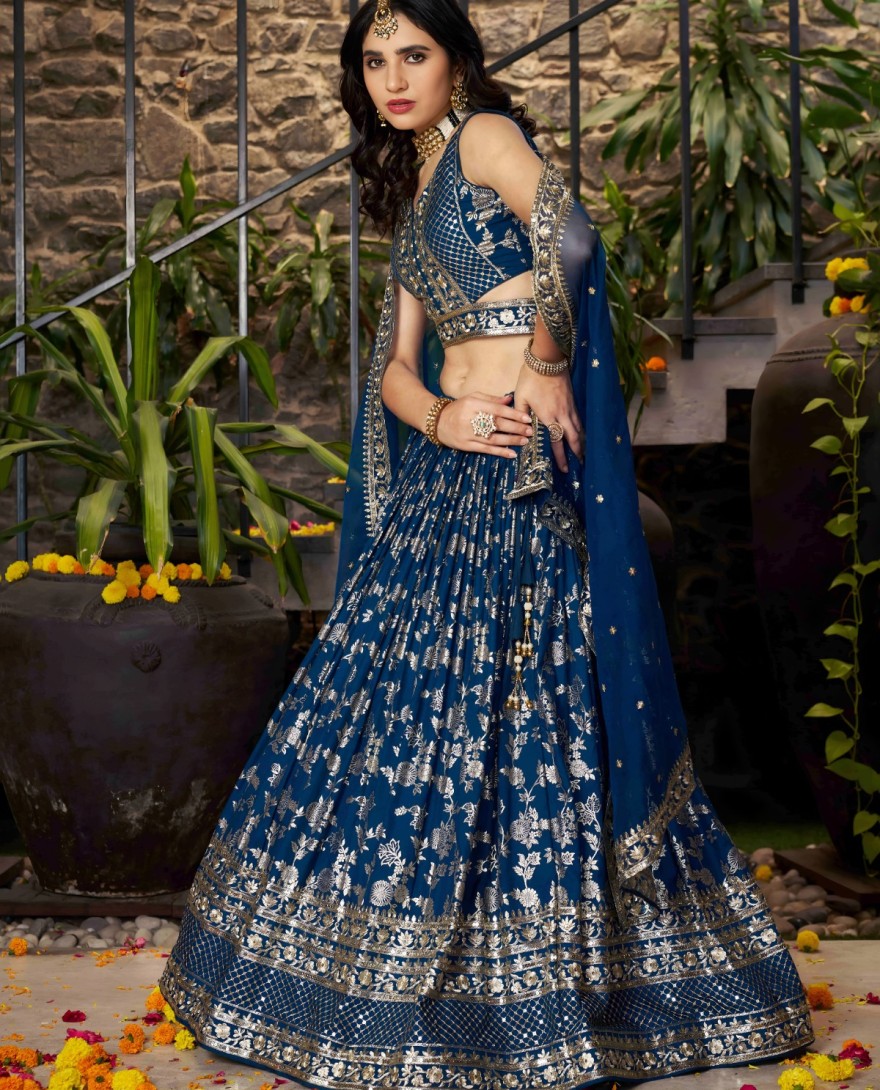 BLUE - Blue Jacquard Lehenga Choli with Embroidered, Jacquard, Sequins and Zari Work