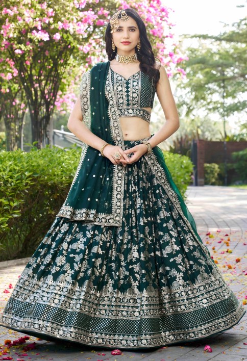 Green Jacquard Embroidered, Jacquard, Sequins and Zari Work A - Line Lehenga Choli