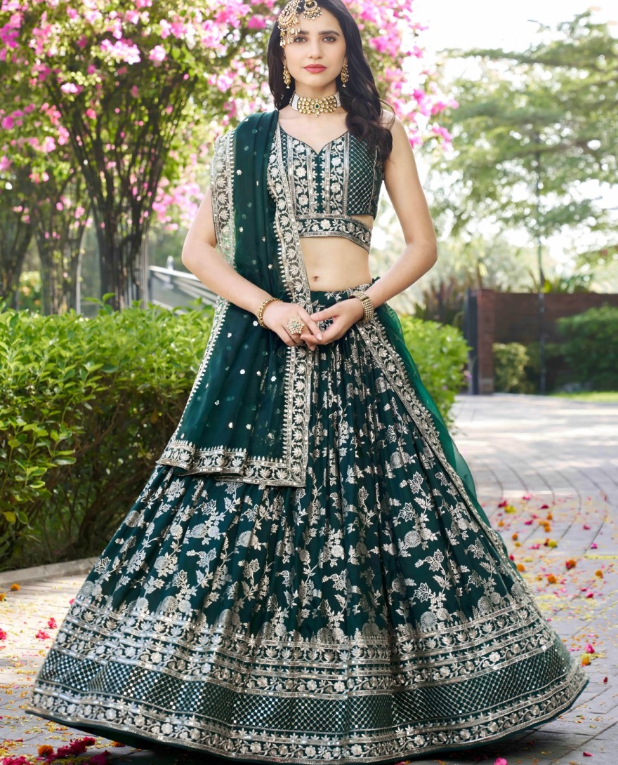 GREEN - Green Jacquard Embroidered, Jacquard, Sequins and Zari Work A - Line Lehenga Choli