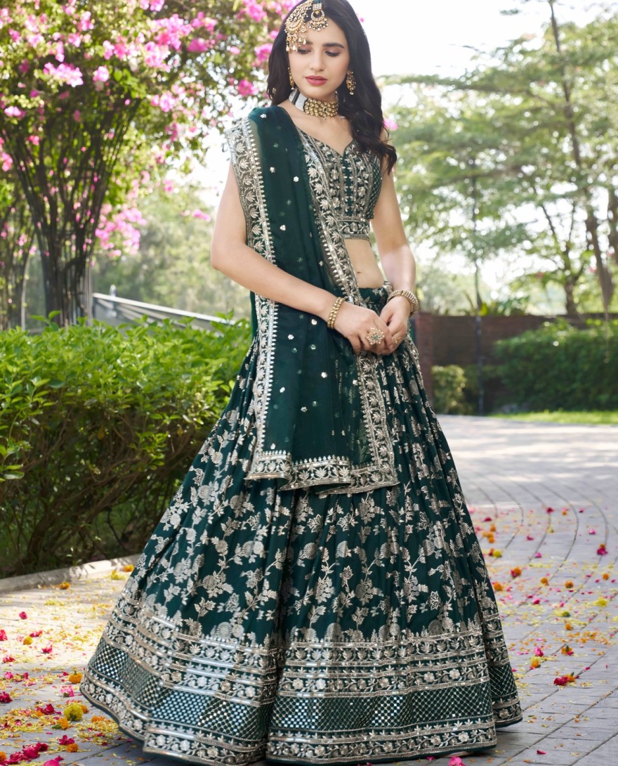 GREEN - Green Jacquard Embroidered, Jacquard, Sequins and Zari Work A - Line Lehenga Choli