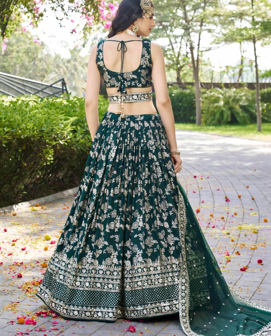 GREEN - Green Jacquard Embroidered, Jacquard, Sequins and Zari Work A - Line Lehenga Choli