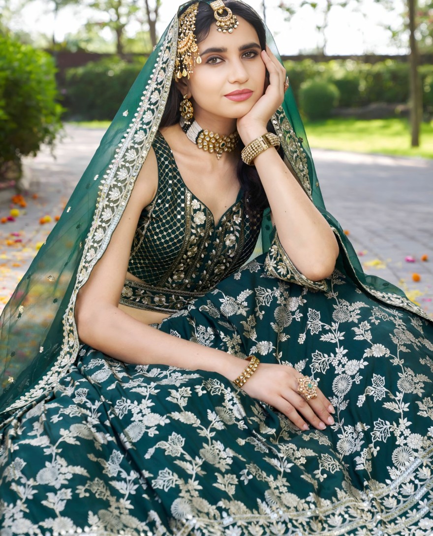 GREEN - Green Jacquard Embroidered, Jacquard, Sequins and Zari Work A - Line Lehenga Choli