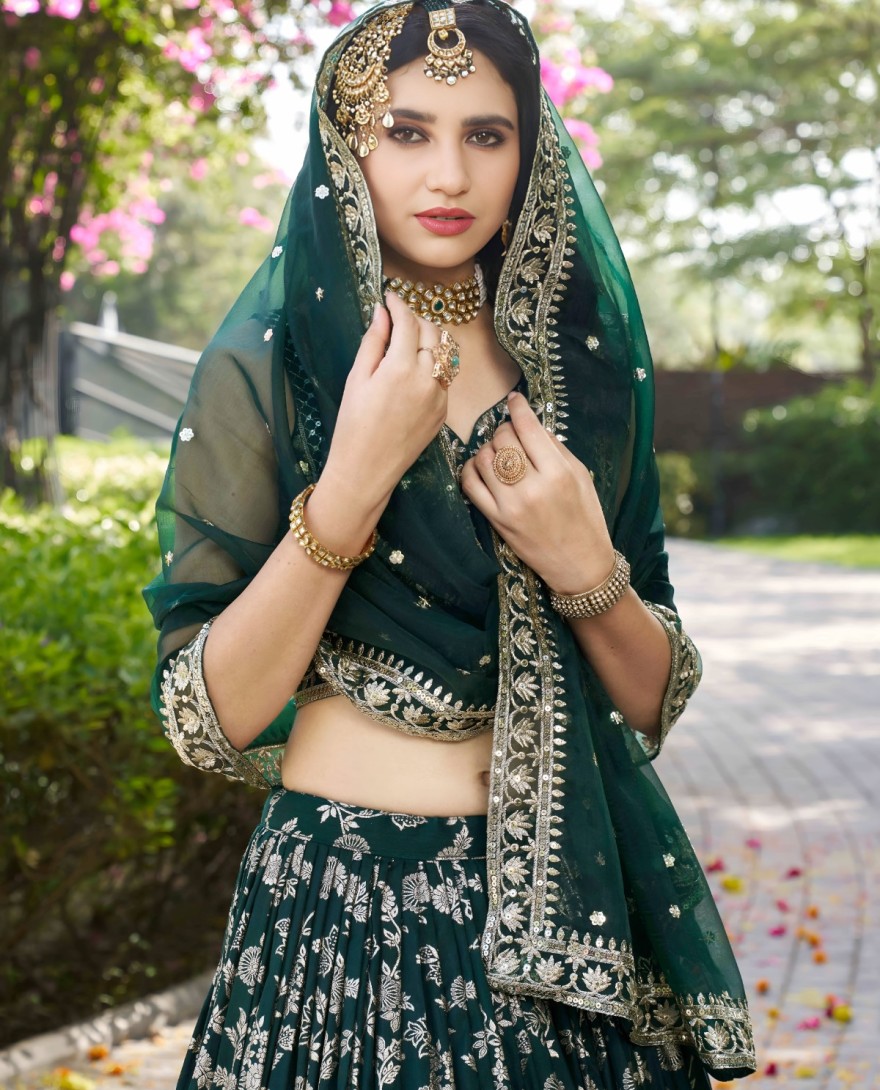 GREEN - Green Jacquard Embroidered, Jacquard, Sequins and Zari Work A - Line Lehenga Choli