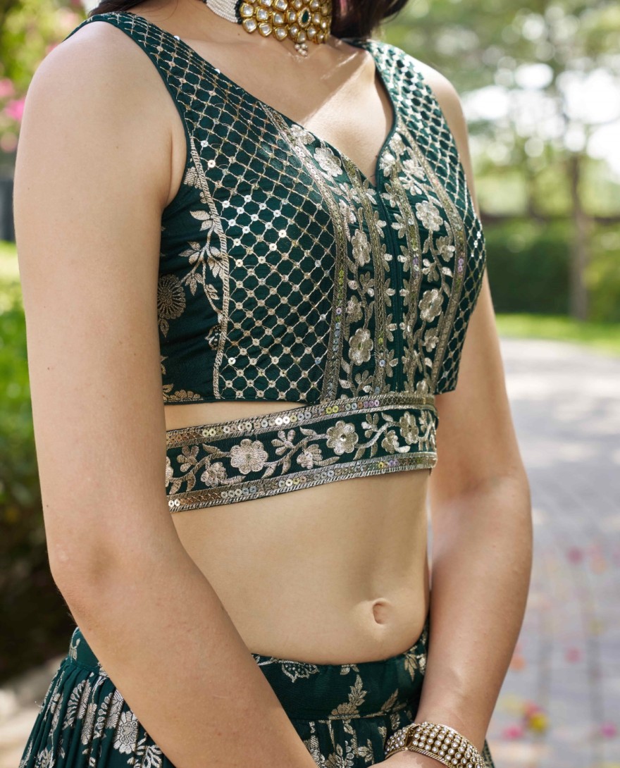 GREEN - Green Jacquard Embroidered, Jacquard, Sequins and Zari Work A - Line Lehenga Choli