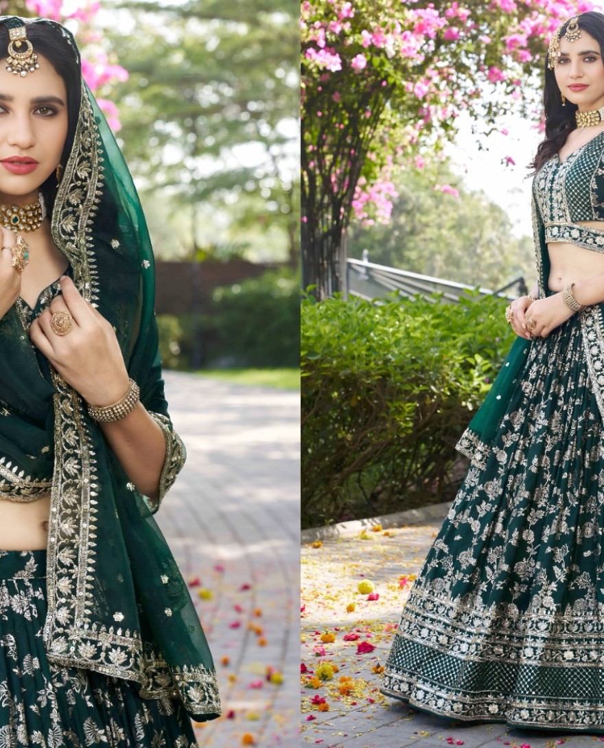 GREEN - Green Jacquard Embroidered, Jacquard, Sequins and Zari Work A - Line Lehenga Choli