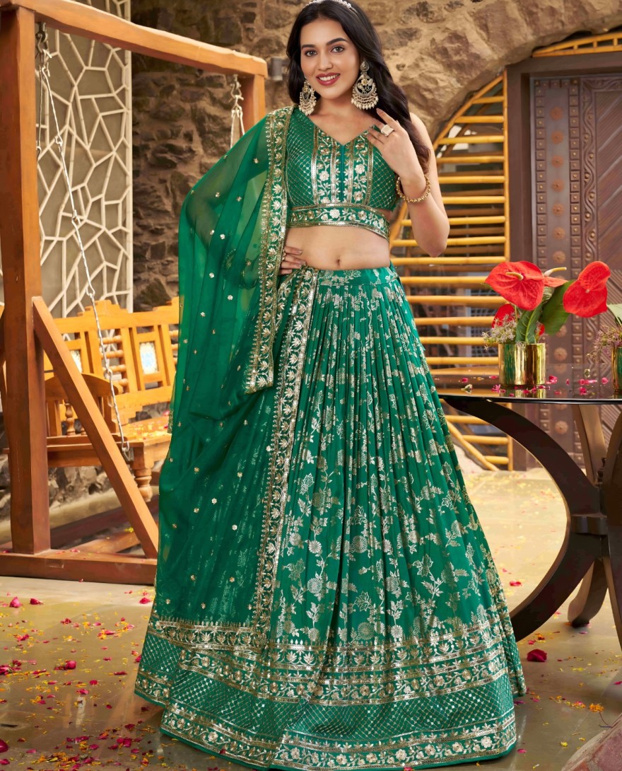 GREEN - Perfervid Green Jacquard A - Line Lehenga Choli