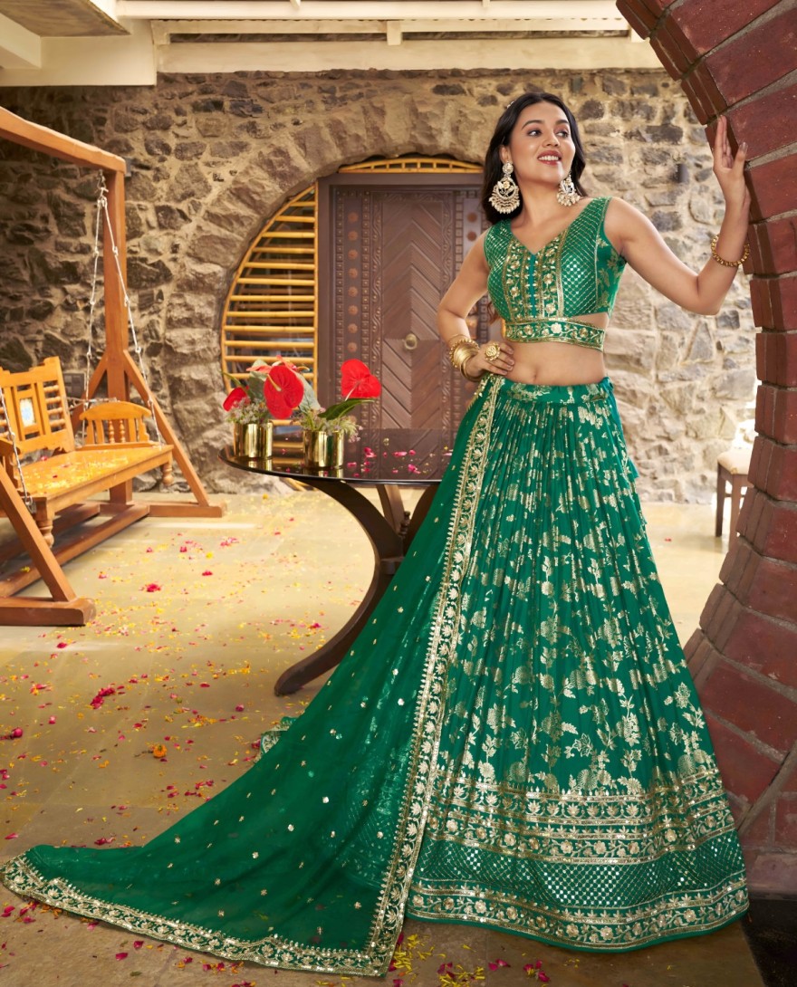 GREEN - Perfervid Green Jacquard A - Line Lehenga Choli