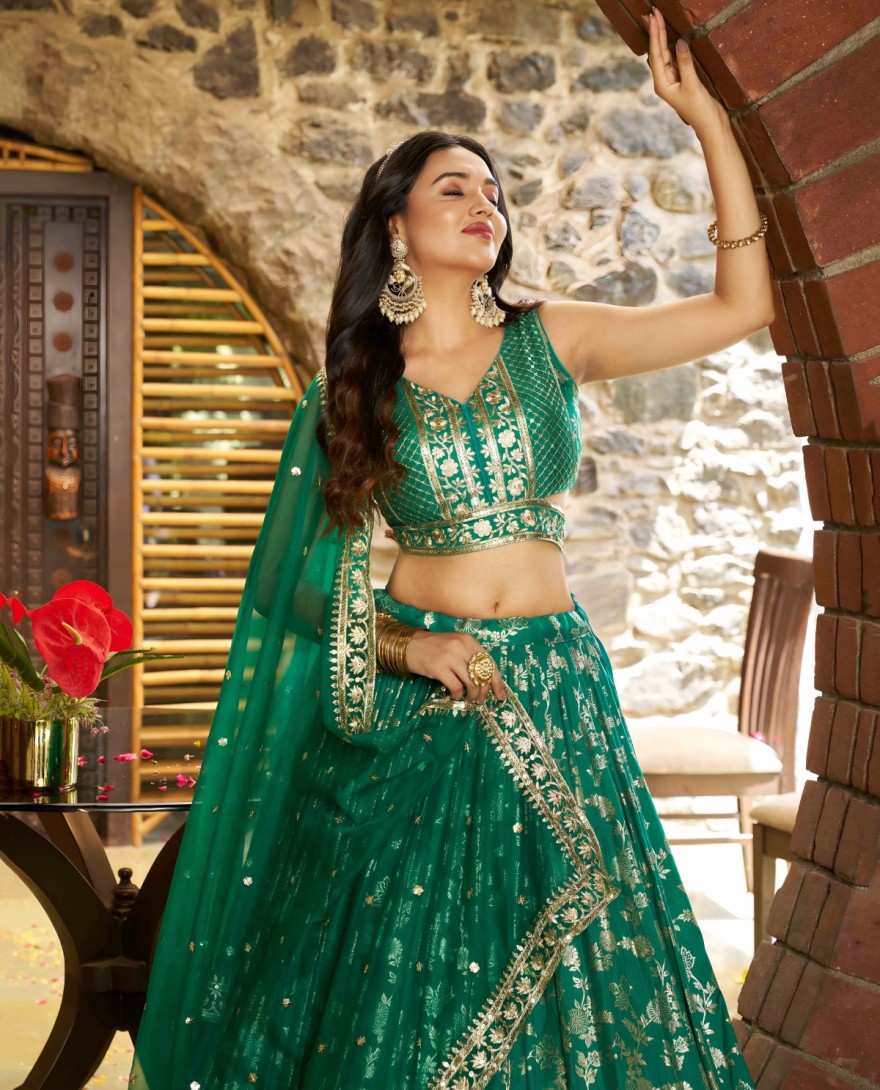 GREEN - Perfervid Green Jacquard A - Line Lehenga Choli