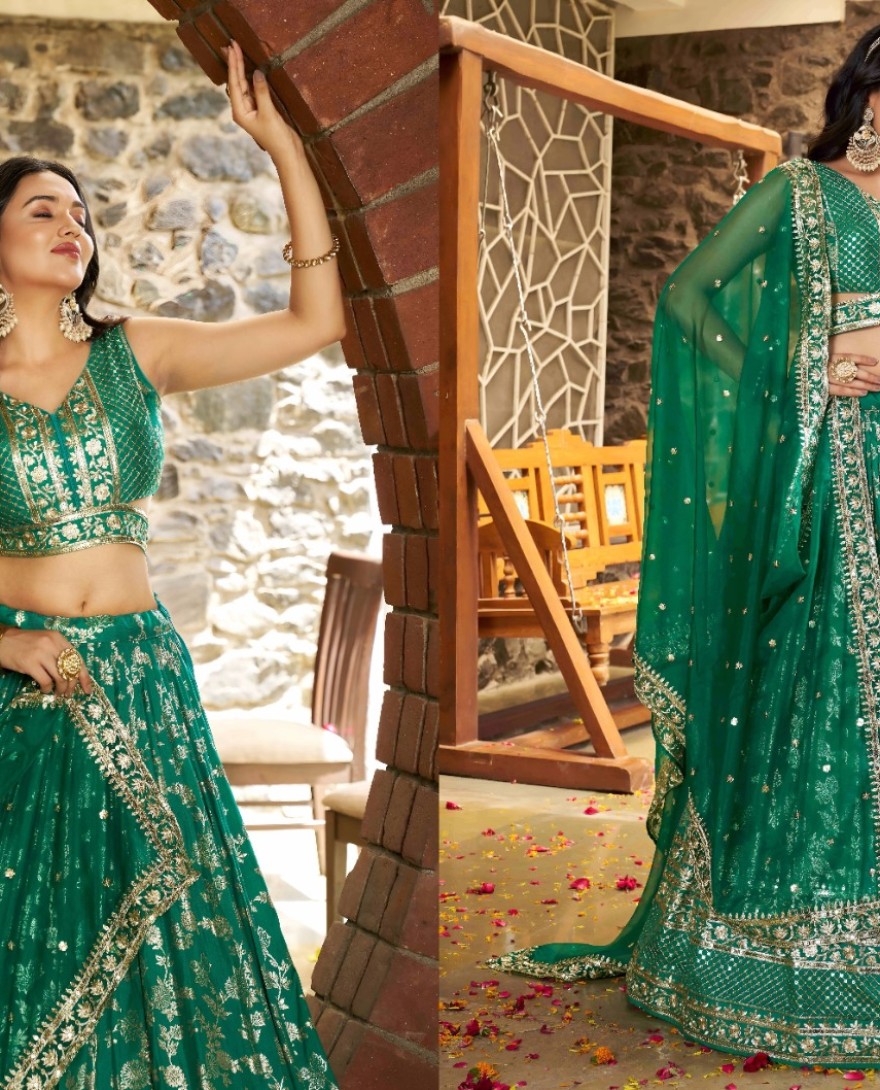 GREEN - Perfervid Green Jacquard A - Line Lehenga Choli