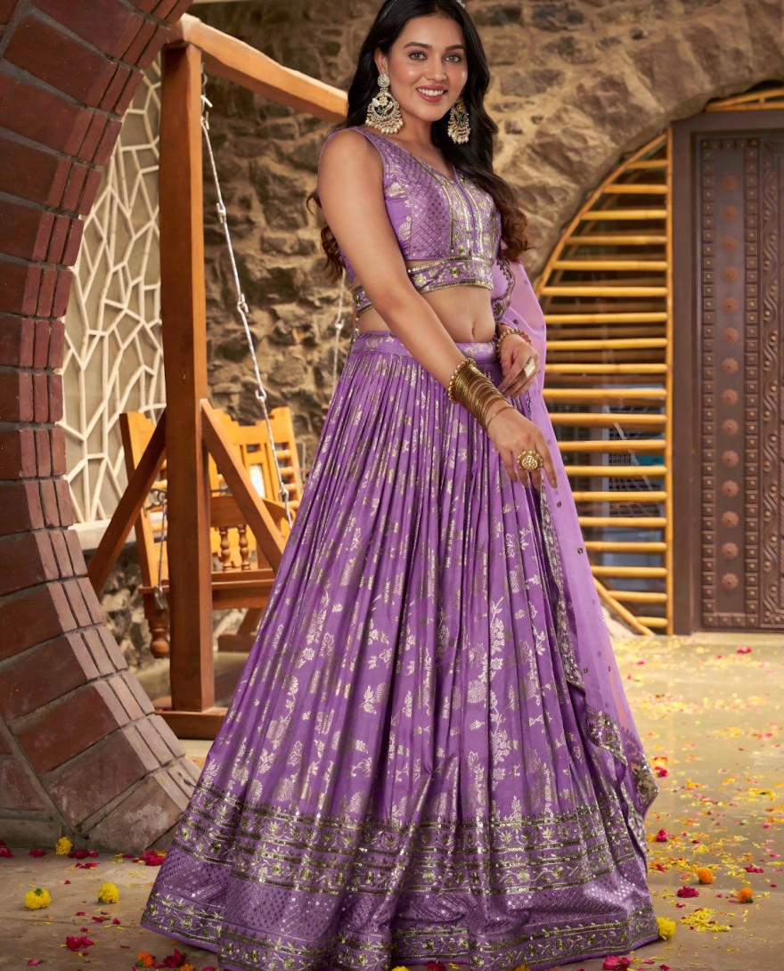 LAVENDER - Lavender Jacquard A - Line Lehenga Choli with
