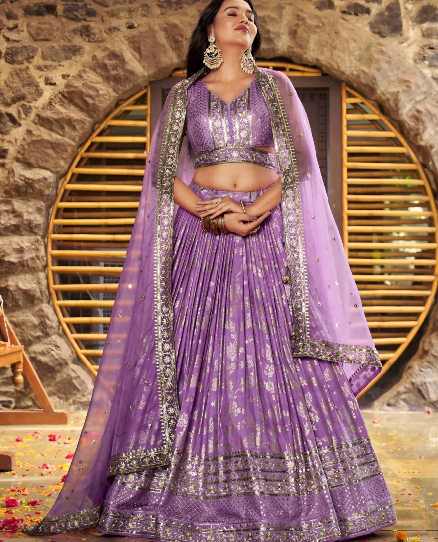 LAVENDER - Lavender Jacquard A - Line Lehenga Choli with