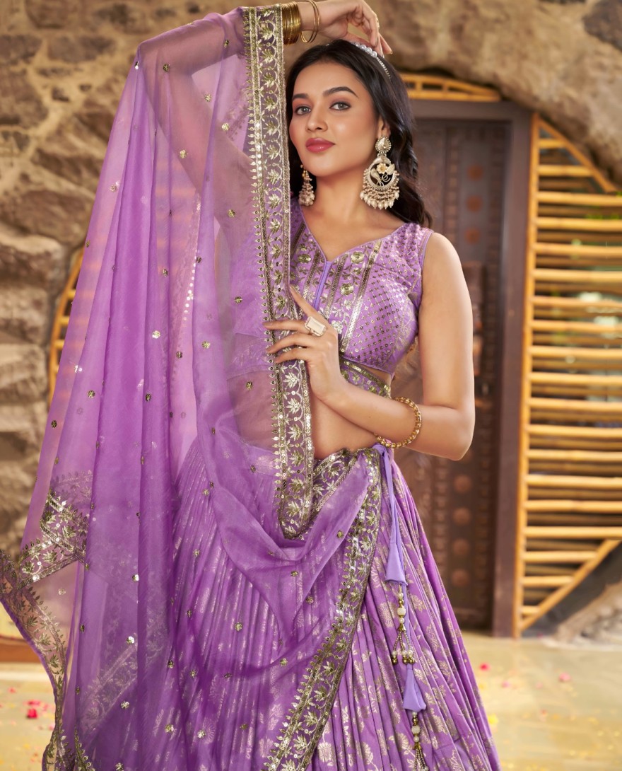 LAVENDER - Lavender Jacquard A - Line Lehenga Choli with