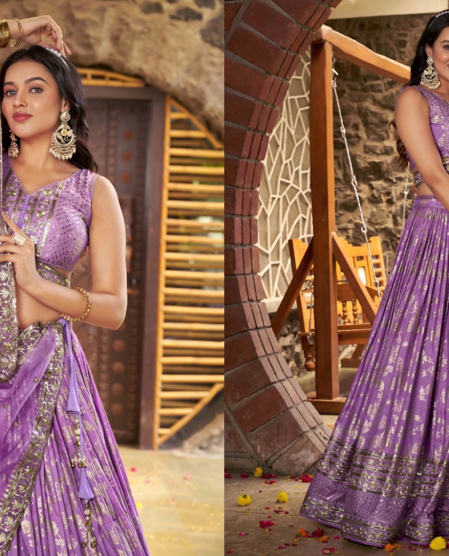 LAVENDER - Lavender Jacquard A - Line Lehenga Choli with