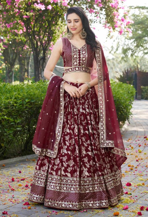 Maroon Jacquard Embroidered, Jacquard, Sequins and Zari Work Lehenga Choli for Ceremonial