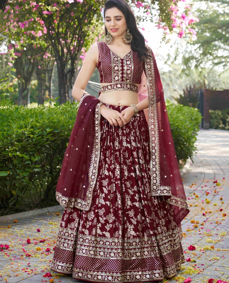MAROON - Maroon Jacquard Embroidered, Jacquard, Sequins and Zari Work Lehenga Choli for Ceremonial