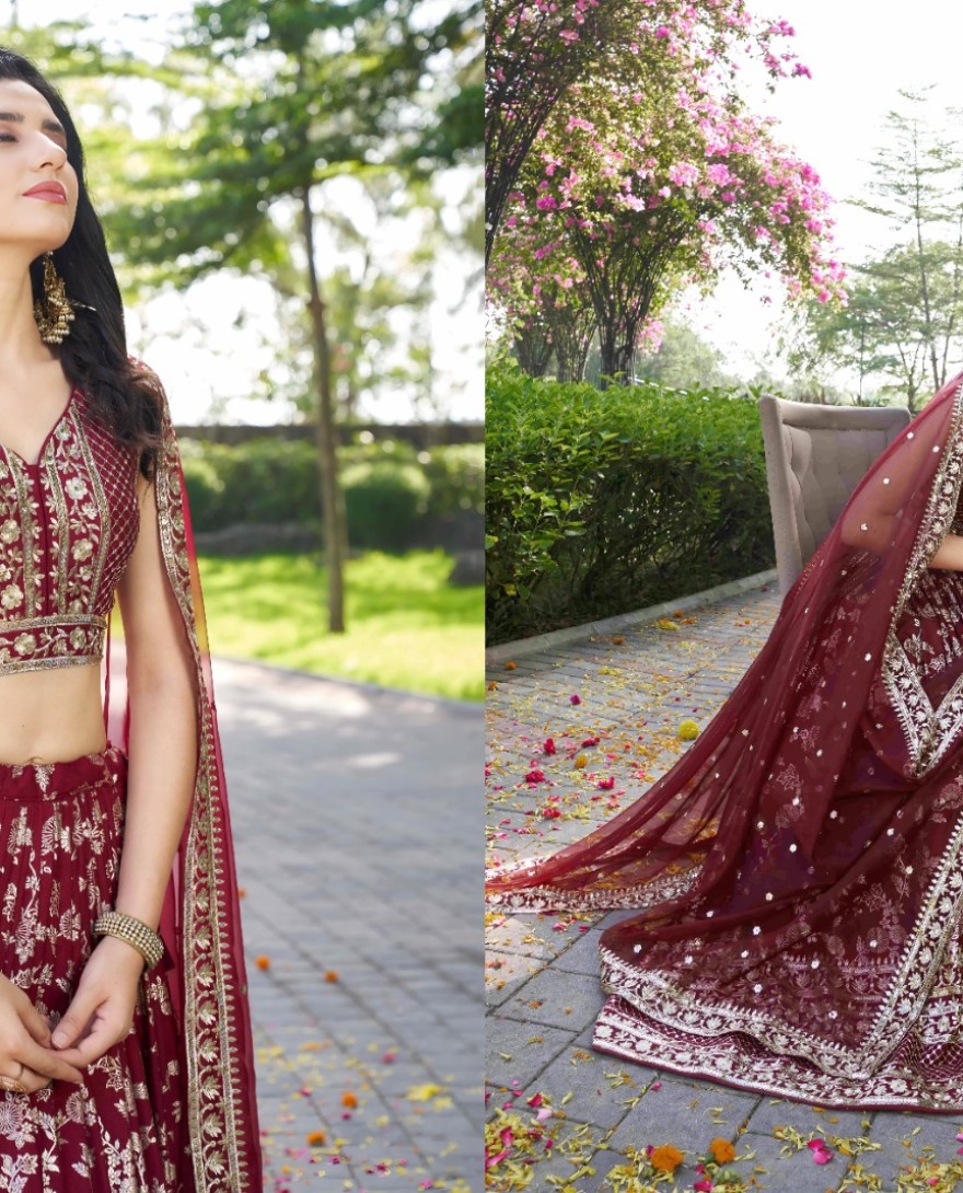 MAROON - Maroon Jacquard Embroidered, Jacquard, Sequins and Zari Work Lehenga Choli for Ceremonial