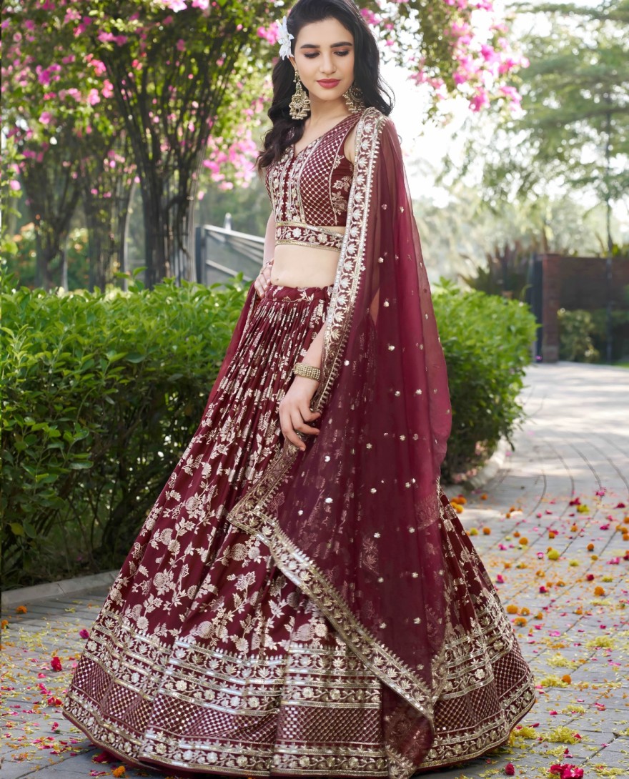 MAROON - Maroon Jacquard Embroidered, Jacquard, Sequins and Zari Work Lehenga Choli for Ceremonial