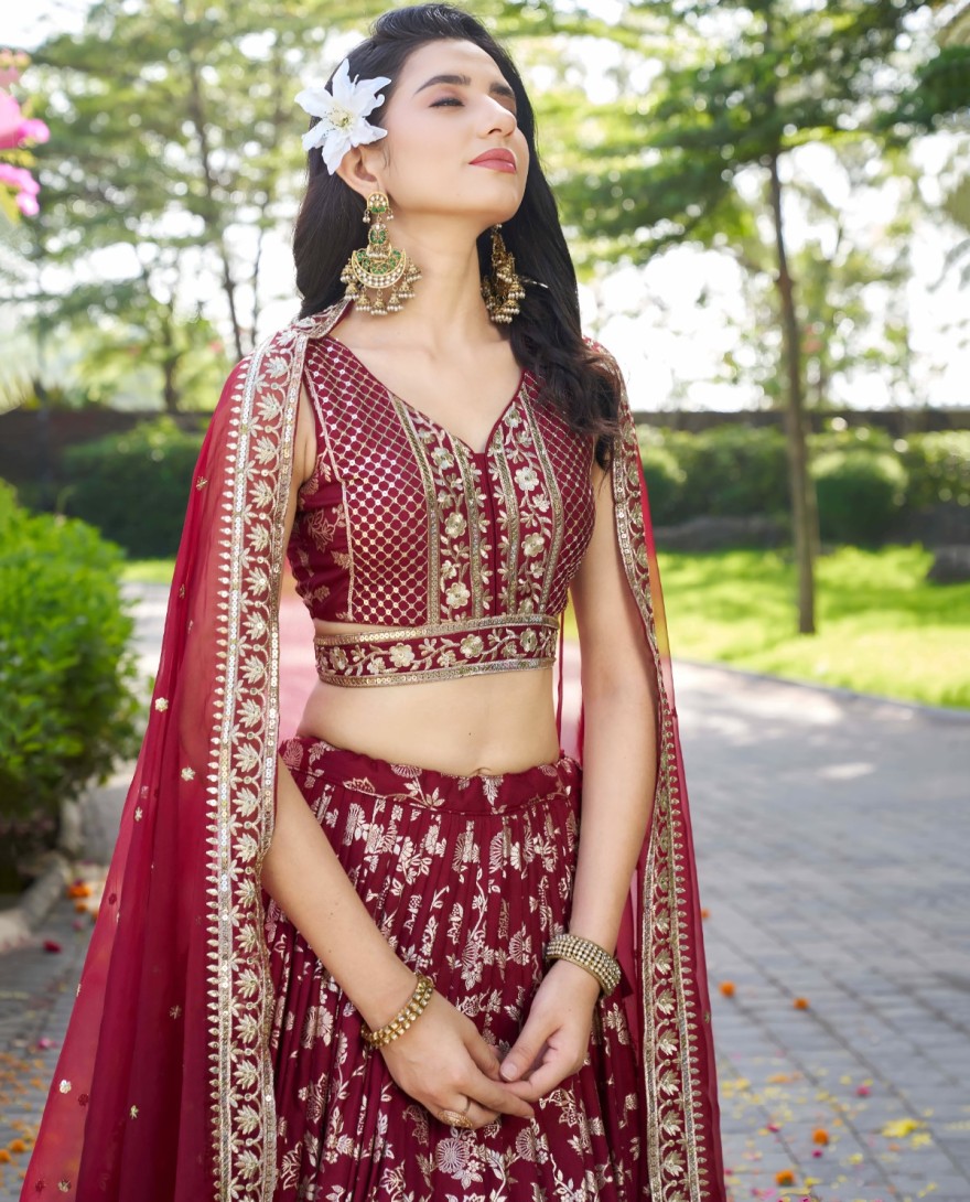 MAROON - Maroon Jacquard Embroidered, Jacquard, Sequins and Zari Work Lehenga Choli for Ceremonial
