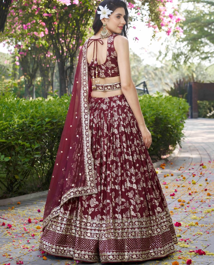 MAROON - Maroon Jacquard Embroidered, Jacquard, Sequins and Zari Work Lehenga Choli for Ceremonial