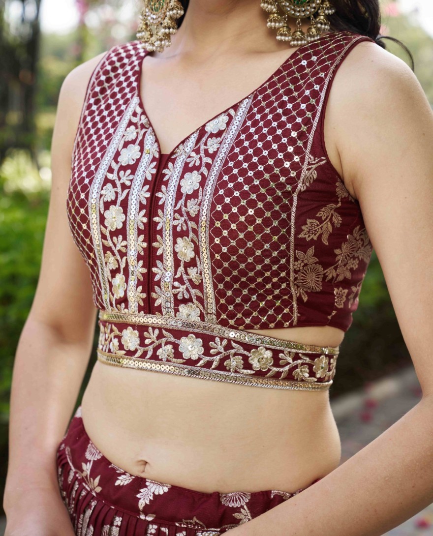 MAROON - Maroon Jacquard Embroidered, Jacquard, Sequins and Zari Work Lehenga Choli for Ceremonial
