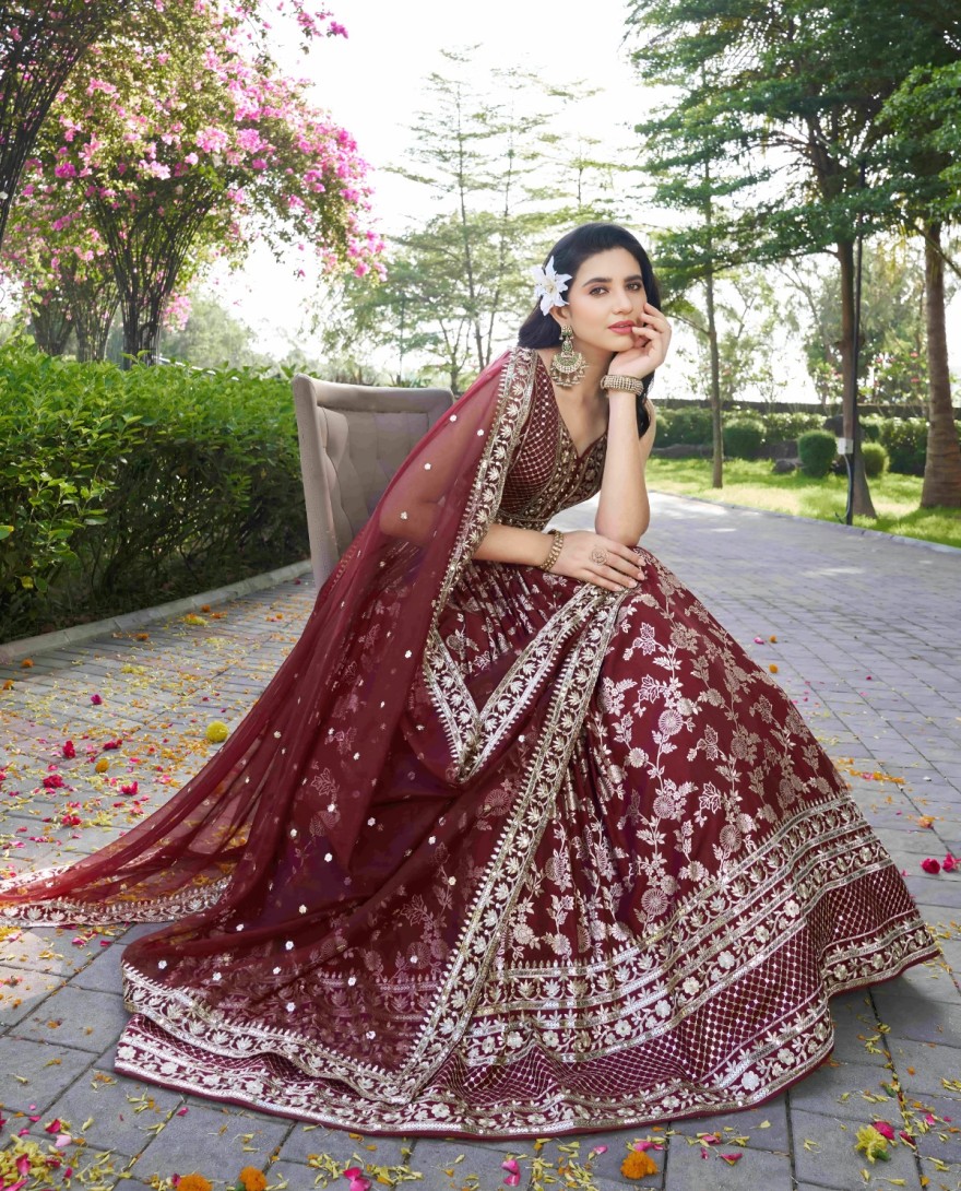 MAROON - Maroon Jacquard Embroidered, Jacquard, Sequins and Zari Work Lehenga Choli for Ceremonial