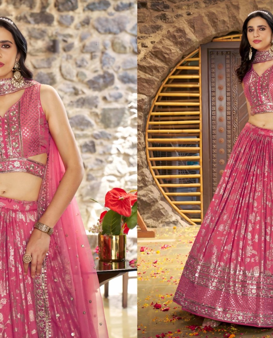 PINK - Peach Dola Silk Jacquard Festive Party Lehenga Choli
