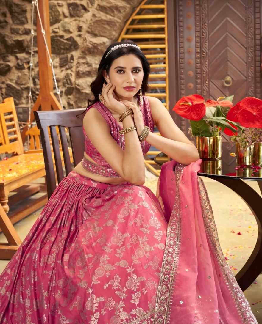 PINK - Peach Dola Silk Jacquard Festive Party Lehenga Choli