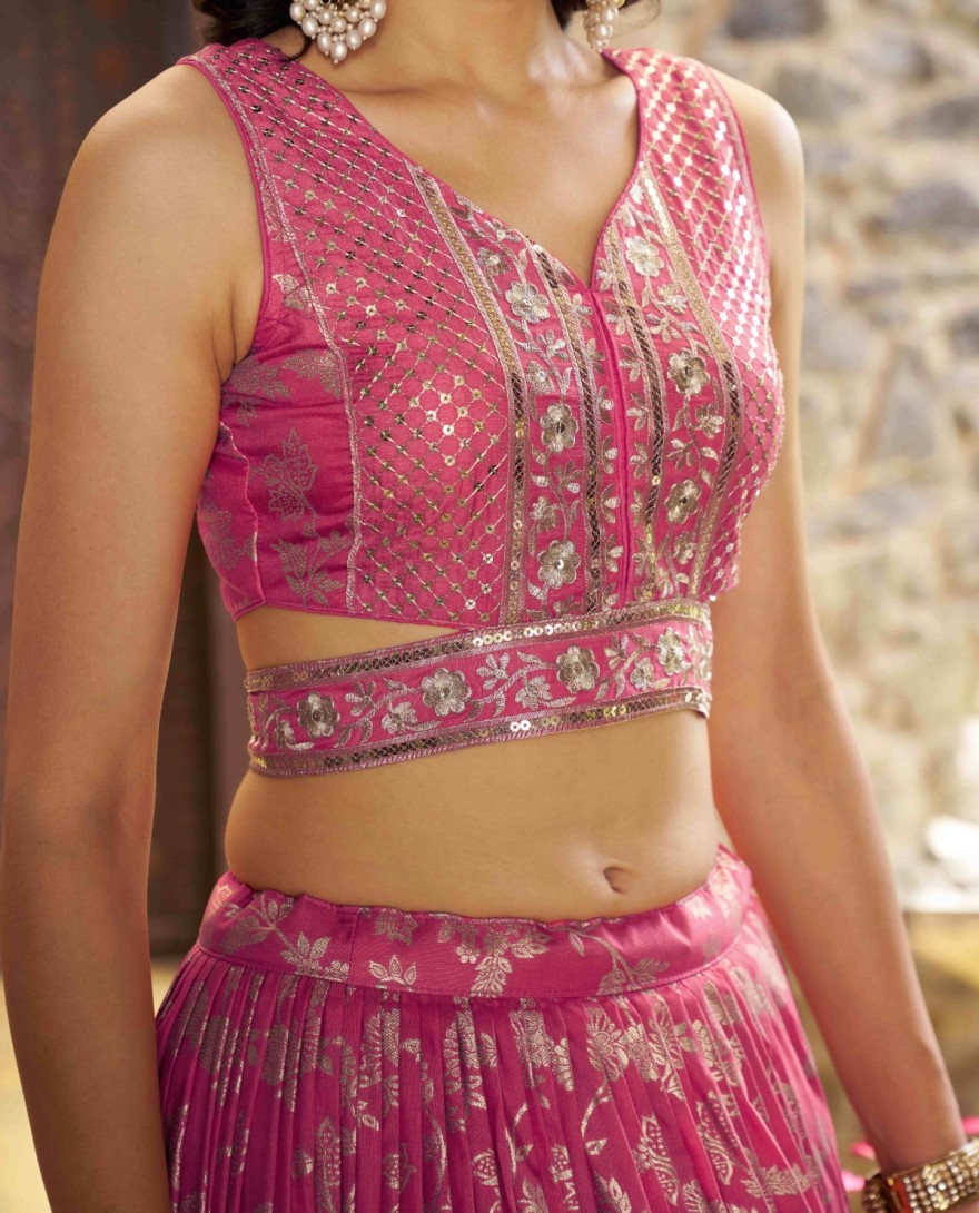 PINK - Peach Dola Silk Jacquard Festive Party Lehenga Choli