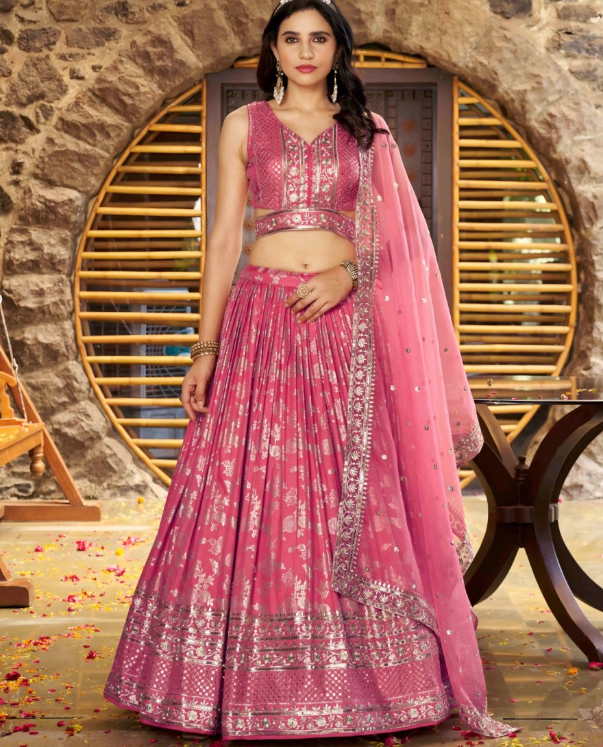 PINK - Peach Dola Silk Jacquard Festive Party Lehenga Choli