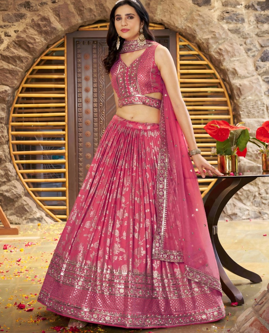 PINK - Peach Dola Silk Jacquard Festive Party Lehenga Choli
