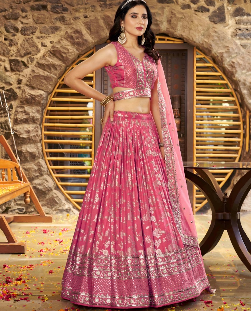PINK - Peach Dola Silk Jacquard Festive Party Lehenga Choli