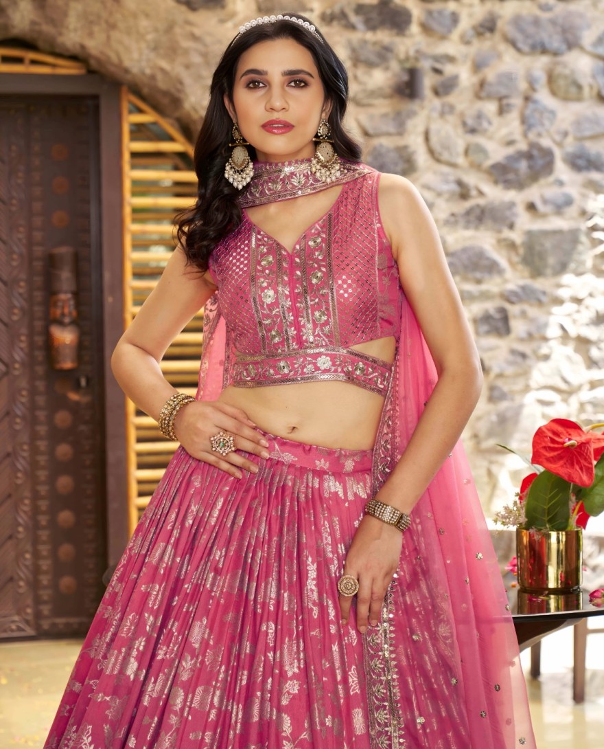 PINK - Peach Dola Silk Jacquard Festive Party Lehenga Choli