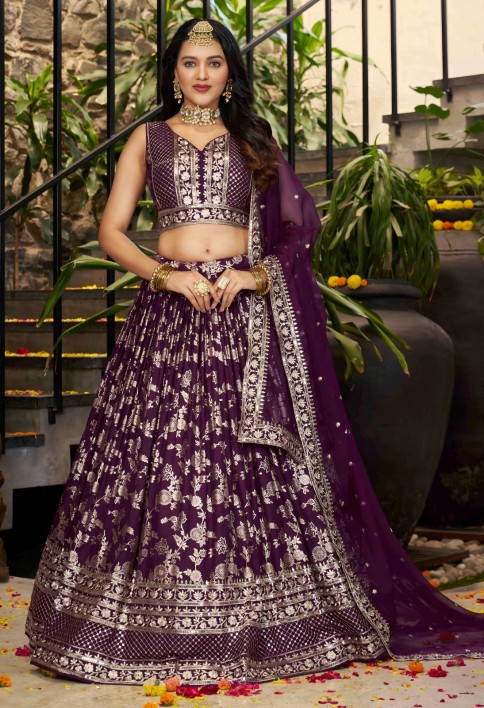 Purple Jacquard A - Line Lehenga Choli with Embroidered, Jacquard, Sequins and Zari Work
