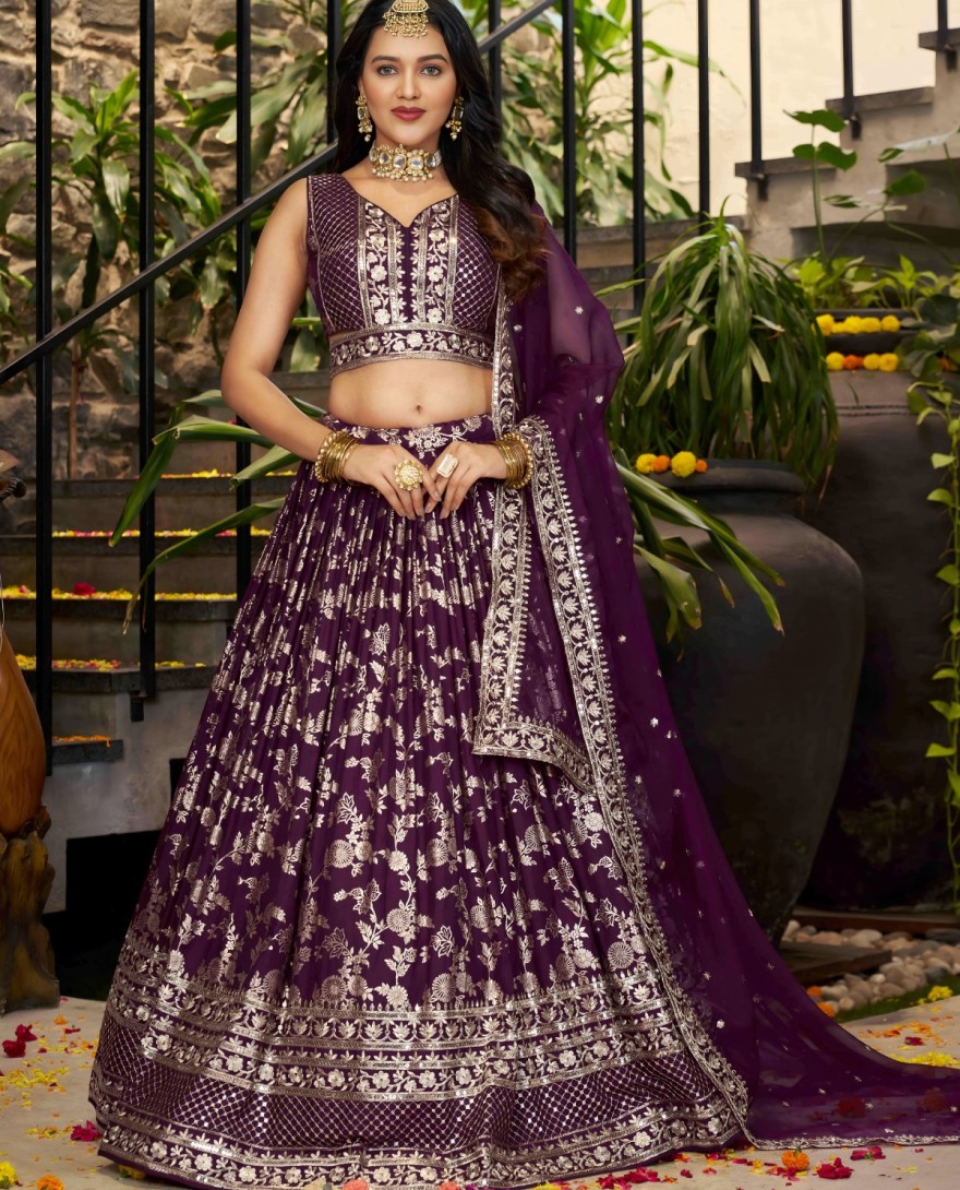 PURPLE - Purple Jacquard A - Line Lehenga Choli with Embroidered, Jacquard, Sequins and Zari Work