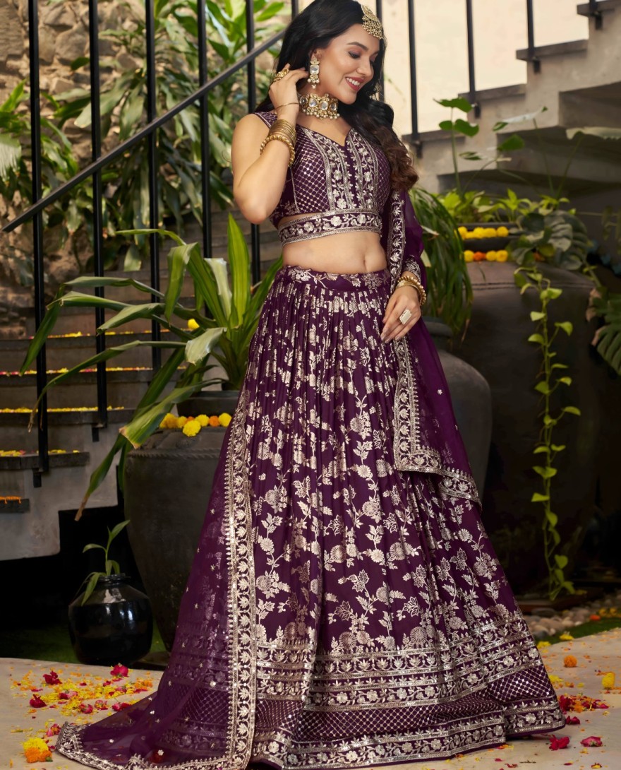 PURPLE - Purple Jacquard A - Line Lehenga Choli with Embroidered, Jacquard, Sequins and Zari Work