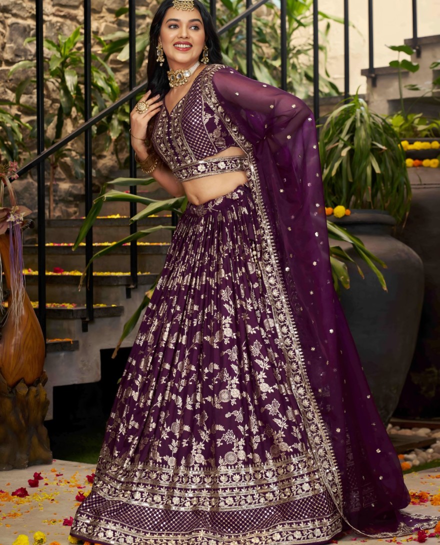 PURPLE - Purple Jacquard A - Line Lehenga Choli with Embroidered, Jacquard, Sequins and Zari Work