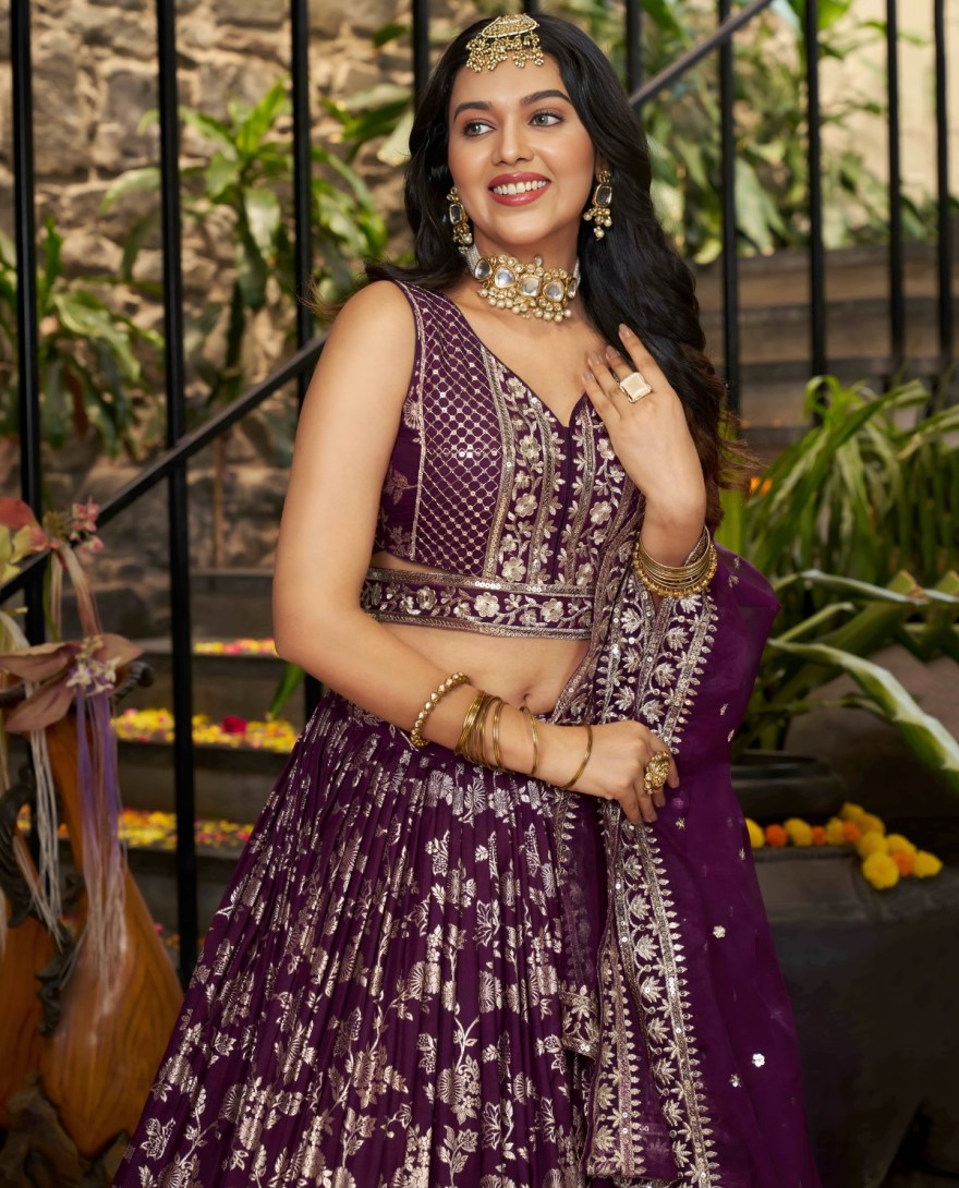 PURPLE - Purple Jacquard A - Line Lehenga Choli with Embroidered, Jacquard, Sequins and Zari Work
