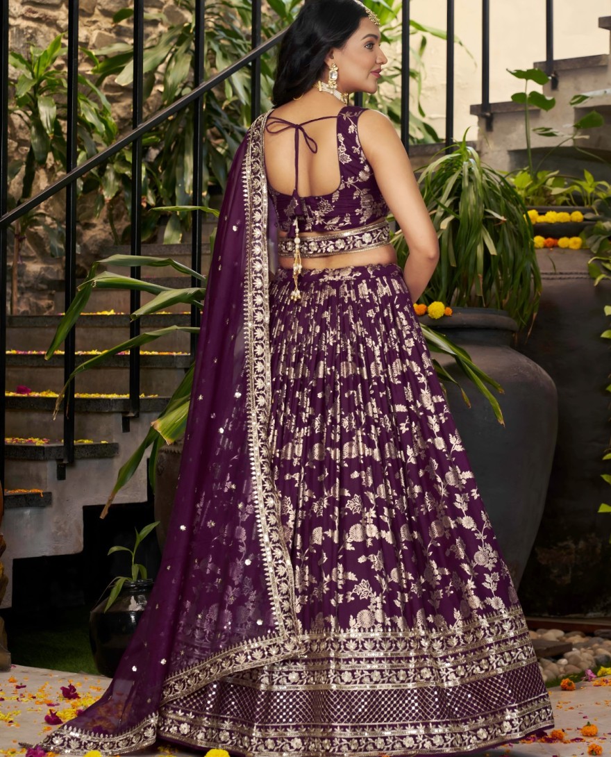 PURPLE - Purple Jacquard A - Line Lehenga Choli with Embroidered, Jacquard, Sequins and Zari Work