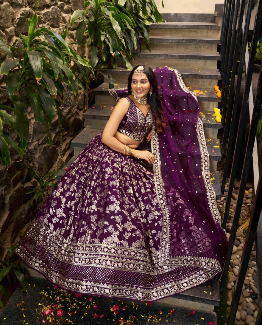 PURPLE - Purple Jacquard A - Line Lehenga Choli with Embroidered, Jacquard, Sequins and Zari Work