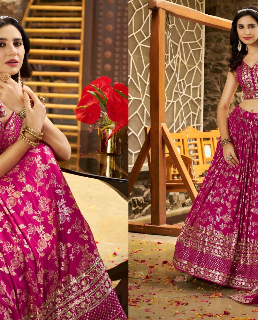 PINK - Rani Jacquard A - Line Lehenga Choli with Embroidered, Jacquard, Sequins and Zari Work for Ceremonial