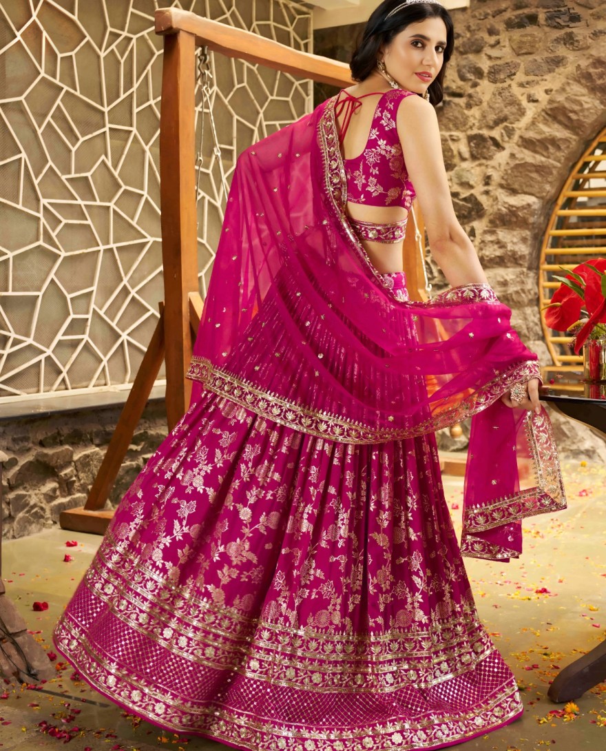 PINK - Rani Jacquard A - Line Lehenga Choli with Embroidered, Jacquard, Sequins and Zari Work for Ceremonial
