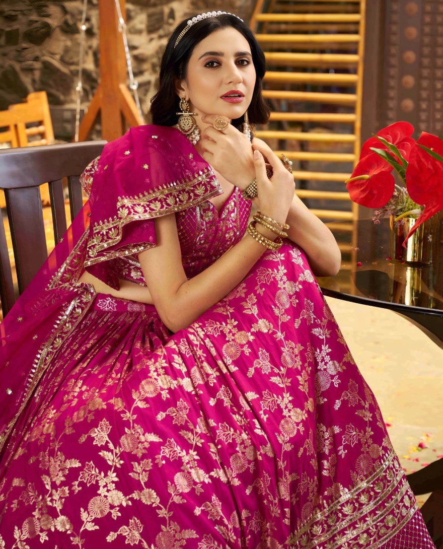PINK - Rani Jacquard A - Line Lehenga Choli with Embroidered, Jacquard, Sequins and Zari Work for Ceremonial