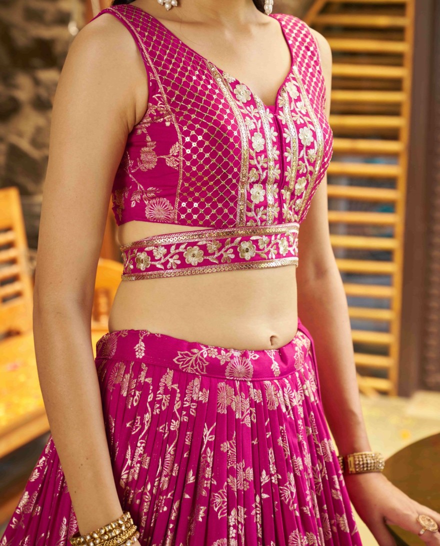 PINK - Rani Jacquard A - Line Lehenga Choli with Embroidered, Jacquard, Sequins and Zari Work for Ceremonial