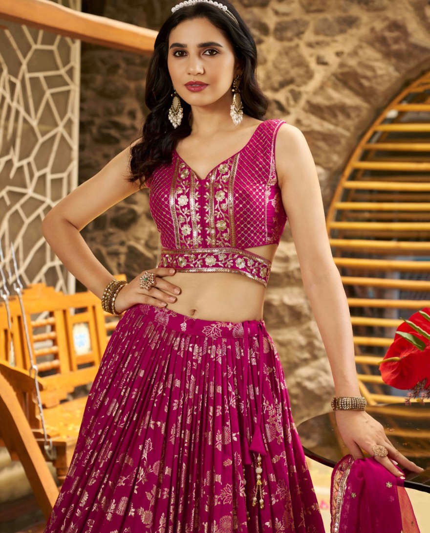 PINK - Rani Jacquard A - Line Lehenga Choli with Embroidered, Jacquard, Sequins and Zari Work for Ceremonial