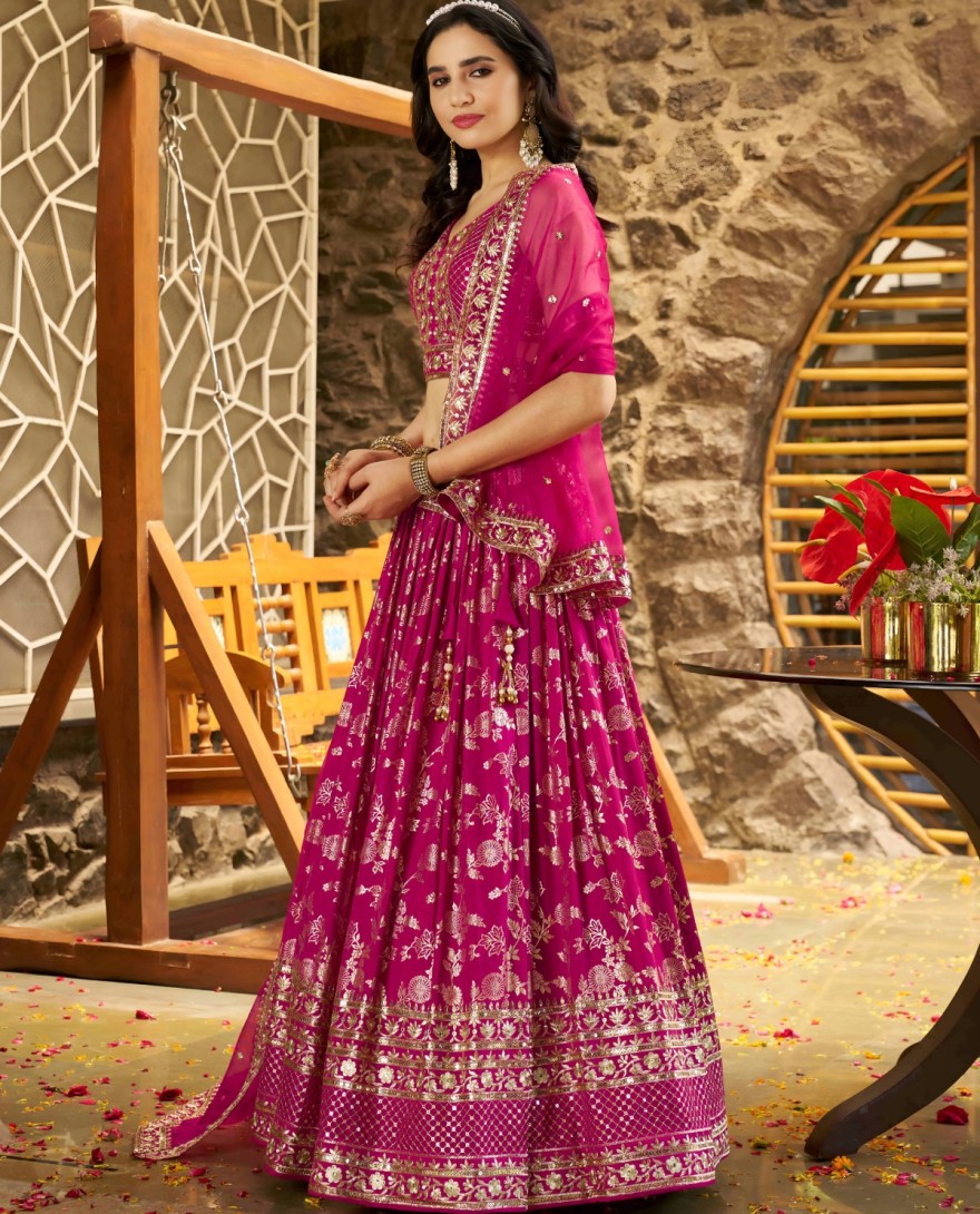 PINK - Rani Jacquard A - Line Lehenga Choli with Embroidered, Jacquard, Sequins and Zari Work for Ceremonial