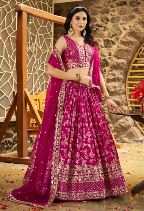 Rani Jacquard A - Line Lehenga Choli with Embroidered, Jacquard, Sequins and Zari Work for Ceremonial