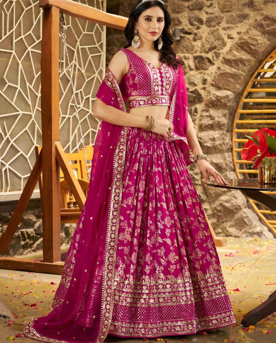 PINK - Rani Jacquard A - Line Lehenga Choli with Embroidered, Jacquard, Sequins and Zari Work for Ceremonial