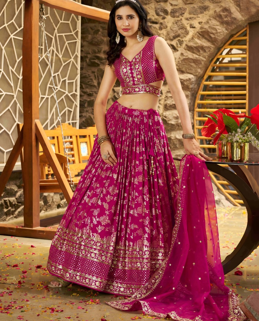 PINK - Rani Jacquard A - Line Lehenga Choli with Embroidered, Jacquard, Sequins and Zari Work for Ceremonial