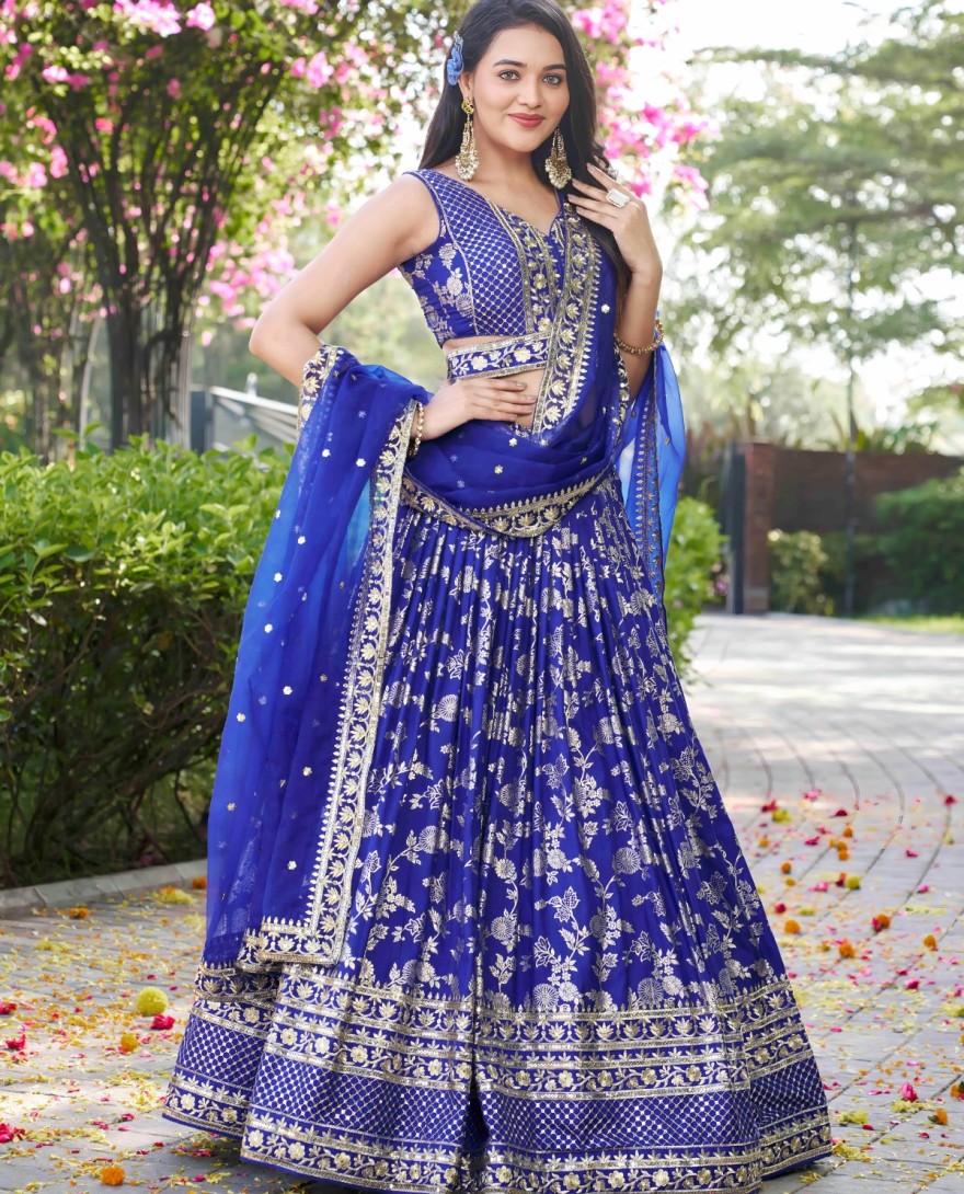 BLUE - Prodigious Blue Jacquard Lehenga Choli with Embroidered, Jacquard, Sequins and Zari Work